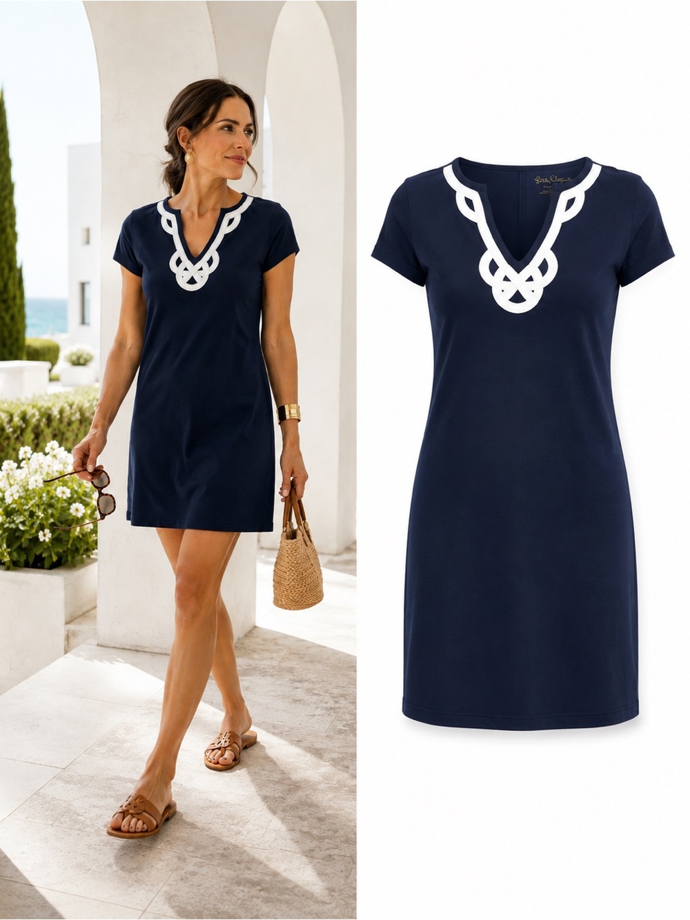 Lilly Pulitzer Brewster Navy Pima Cotton Shift Dress White Trim Size XSmall